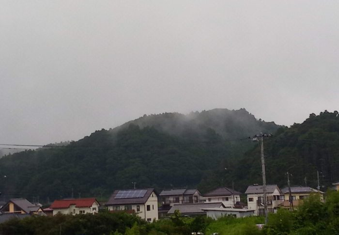 雨が山の谷あいから”霧立ち上り”始めました。天気の回復期に見られる姿です